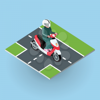 Touring moped. Motor bike on the road. Top view on motorized bicycle. Flat 3d isometric high quality city moped design. Motorcycle or autobike dirtbike . Part of series of city isometric. Vector