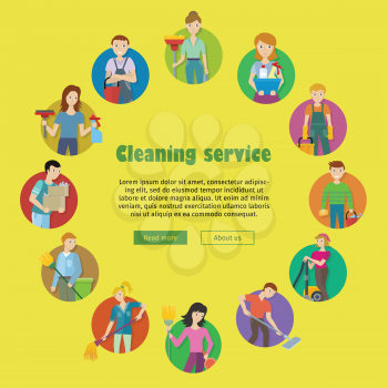 Cleaning service round icon set. Man and woman with cleaning equipment and detergent. House cleaning service, professional office cleaning, home cleaning illustration. Website template.
