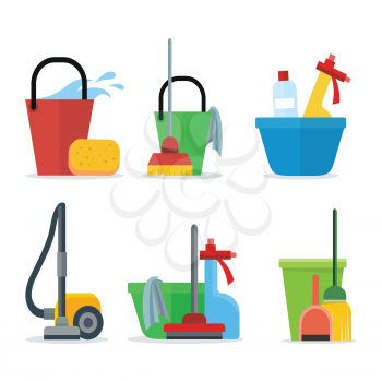Set of Cleaning Equipment bucket, mop, sponge, rag, detergent, vacuum cleaner, shovel. House cleaning service, professional office cleaning, domestic cleaning service illustration Icon set in flat