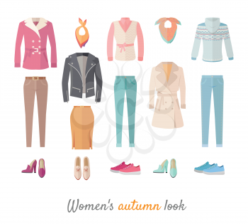 Women's autumn look. Casual clothes, shoes for cold season. Pants, jacket, blouse, coat, sweater, scarf, skirt, cloak, boots, loafers, sneakers vectors isolated on white. For store ad, fashion concept