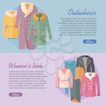 Outerwear women's look web banner. Autumn winter collection. Stylish fashionable woman coat garment from designers. Best world brands trends. New collection of outwear models. Vector illustration