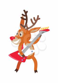 Deer rock musician cartoon. Joyful horned reindeer dancing and playing on electrical guitar flat vector illustration isolated on white background. For animal icons, musical concepts, logo, web design