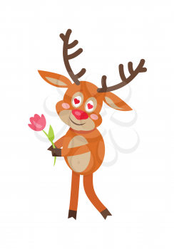 Cute deer in love cartoon. Blushful horned reindeer standing with tulip flower in hands and hearts in eyes flat vector illustration isolated on white background. For Valentine card, romantic concept