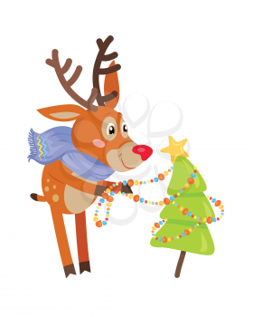 Deer in blue scarf decorating christmas tree isolated. Funny reindeer prepares for the New Year Eve. Cute mammal character decorates fir tree with garland in flat style. Vector design illustration