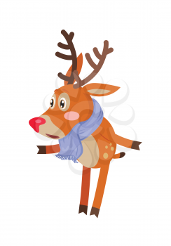 Deer in blue scarf isolated on white. Confused reindeer doesn t know what to do. Christmas deer cartoon illustration in flat style design. Cartoon character mammal icon. Vector illustration