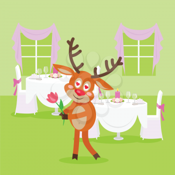 Deer lover isolated in a luxury restaurant on background. Reindeer with a flower waits his passion at restaurant. Valentines day concept. Deer fall in love in flat style design. Vector illustration