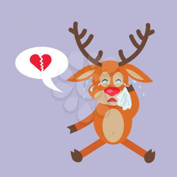 Deer crying for broken heart. Reindeer disappointed in love in flat style design. Disenchantment in relationships with girlfriend. Concept about one-side love, difficult love and expectancy. Vector