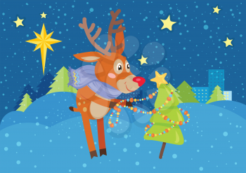 Deer in blue scarf decorating christmas tree on snowy background. Funny reindeer prepares for the New Year Eve. Cute mammal character decorates fir tree with garland in flat style. Vector illustration