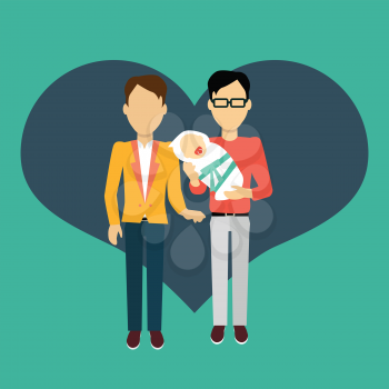 Couple in love homosexual young family man with a newborn baby. In the background of the heart silhouette. Romantic banner flat together male a gay couple, vector illustration