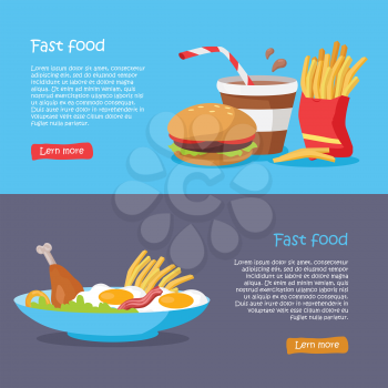 Fast food conceptual web banners. Flat style vectors. Set of illustrations with traditional junk food and play button for restaurant online services, video presentation, corporate animation 