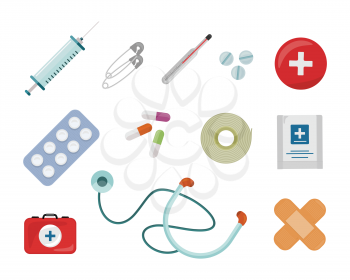 Set of medical supplies vectors in flat design. Things to medical emergency. Drugs, stethoscope, patch, pill, pins, syringe, bandage, cooling pack, first aid kit with red cross illustrations. 