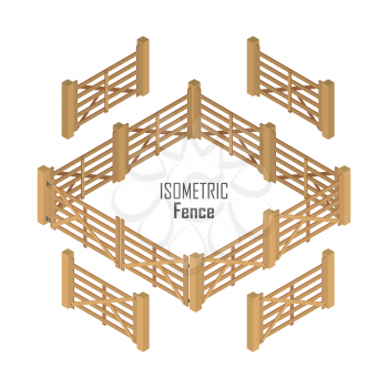 Wooden farm fence sections with gate from four sides vector illustration in isometric projection isolated on white background. For gaming environment, architecture element, app, web design