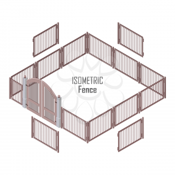 Isometric fence in light colors isolated on white. No solid fence. Iron gate open and close from middle. Fence with columns. Metal, wrought iron, lattice gates and fences for yard. Flat style. Vector