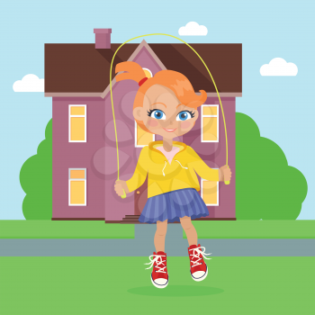 Girl jumping on rope near home. Adorable little girl has leisure time. School girl during break. Young lady at playground, going in for sport, playing, walking. Daily activity. Vector