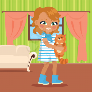 Girl holds small cat in her hands. Little girl has leisure time. School girl during break. Young lady at home, playing with toy kitten. Favourite toy. Daily activity. Vector