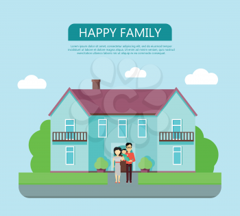 Happy family in the yard of their house. Home icon symbol sign. Colorful residential cottage in blue colors. Part of series of modern buildings in flat design style. Real estate concept. Vector