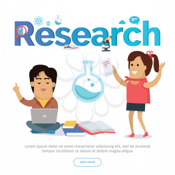 Research banner. Man working in laptop, satisfied woman standing with sheet of paper, flask, books, microscope, magnifier, atom icons beside. For laboratory, scientific research center web page design