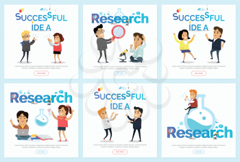 Successful idea and research banners. Cheerful people dancing satisfied with the results brainstorm and scientific testing. For laboratory, scientific research center, business trainings web page