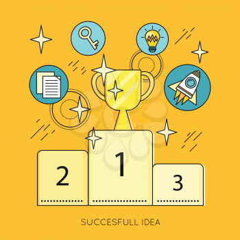 Successful idea vector banner. Flat design. Set of creative mind icons and symbols such as bulb, rocket, key, pedestal, cup. Brain storm, scientist, business planning and creativity illustrating.