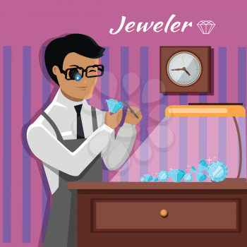 Jeweler during the evaluation of jewels. Young jeweler in glasses examines faceted diamond in workplace in the lamplight flat style. Occupation person to work with precious stones. Vector illustration