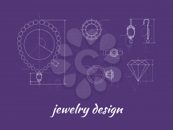 Jewelry design banner. Ring, earring and necklace graphic scheme. Diamond shape. Blueprint outline jewelry. Craft jewelry making. A handmade jeweler process, manufacture of jewelery