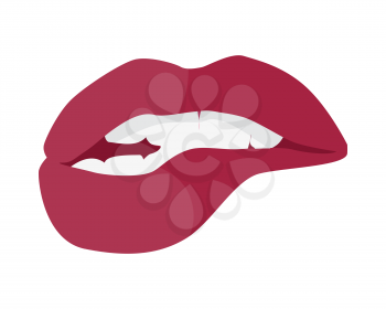Open Mouth with Red Lips Biting. Smile with white tooth design flat. Dental and smile, healthy dental teeth, beauty and care smile, health and clean tooth, whitening human perfect toothy. Vector