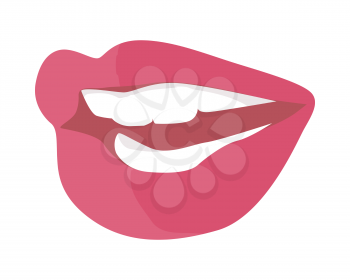 Women's smile with shining white teeth. Female lips colored with red violet lipstick flat vector illustration isolated on white background. For dental, cosmetic, beauty, fashion concepts design  