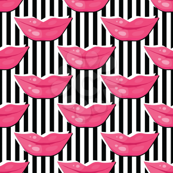 Women's lips seamless pattern. Sensitive mouth with bright lipstick flat vector illustration on black and white stripes background. For wrapping paper, greeting cards, invitations, print design