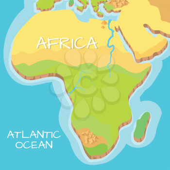 Africa isometric map with natural attractions. Cartography nature concept. Geographical map with local relief. Africa continent between Indian and Atlantic ocean. Vector illustration