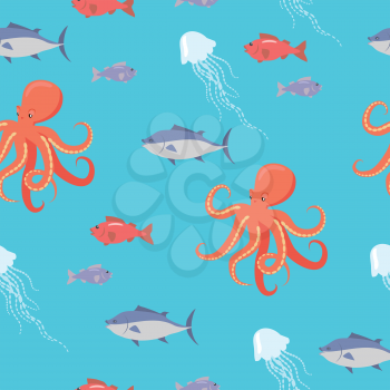 Sea life seamless pattern. Shark, fish, octopus, jellyfish endless texture. Wallpaper design with sea cartoon creatures in flat style design. Sea life animals on blue background. Vector illustration