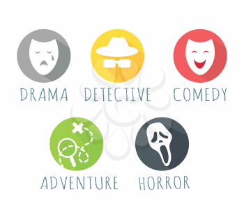 Drama, detective, comedy, adventure, horror film logo web button. Types of film logos isolated on white. Movie genre elements, vector infographic icons. Movie genres symbols set. Vector illustration