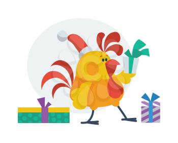 Rooster bird opens presents. Cock in Santa's hat with gift boxes. Chinese calendar zodiac cock horoscope. Earthly Branch. Chicken character collection in flat. New year and xmas greeting card. Vector