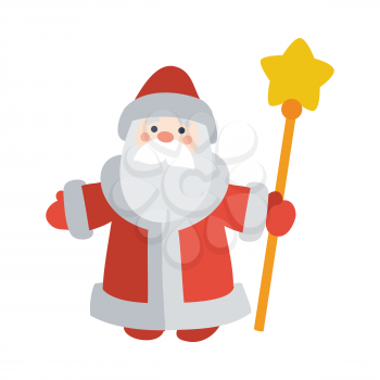 Santa Claus with stick isolated on white. Saint Nicholas, Saint Nick, Father Christmas, Kris Kringle, Santy, Father Frost wishes Merry Christmas and Happy New Year. Greeting card, invitations design