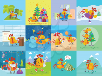 Rooster bird adventures set. Collection of greeting cards with cock. Chinese calendar zodiac horoscope. Chicken character collection in flat. New year xmas greeting card. Vector illustration