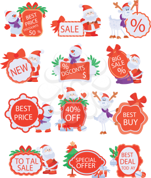 Stickers for winter holidays discounts. Flat design. Sale, big sale, special offer, best price, total sale, best price, best deal today, 40 off with Santa Claus, Christmas deer, snowman vectors