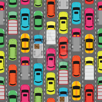 Seamless pattern with cars on parking. Endless texture with different kinds of automobiles. Wallpaper design with transport vehicles. Parking lot or car park. Large number of cars in crowded parking. 