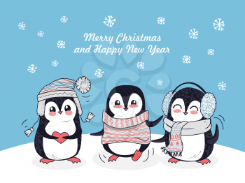 Merry Christmas and Happy New Year poster. Happy winter friends. Three little penguins in winter clothes. Winter landscape with cartoon characters. Funny creatures in flat style design. Vector