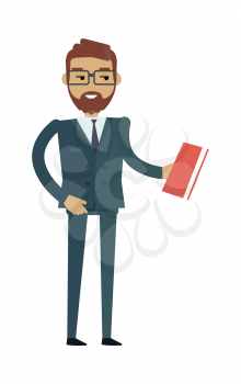 European man in expensive suit and book. Caucasian handsome boy. Attractive gentleman in luxury business clothes. Part of series of people of the world. Vector design illustration in flat style