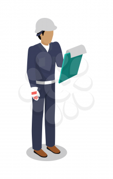 Worker in uniform vector illustration. Isometric projection. Man character in blue overall, helmet, gloves standing with pad paper holder in hand. Builder, engineer, courier. On white background 