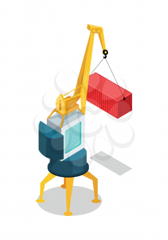 Crane with cargo container isolated. Machine, equipped with hoist rope, wire ropes or chains, and sheaves, used to lift and lower heavy things and transporting them to other places. Vector