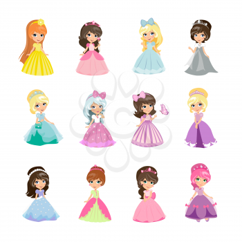 Set of princesses in evening gowns isolated. Elegant little girls in flat style. Fashionable ladies in dresses, fairytale costumes, magic fantasy fashion. Princess with crowns. Vector illustration