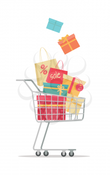 Buying gifts on sale. Shopping trolley full of gift boxes with discount percents tags flat vector illustration isolated on white background. Holiday purchases in supermarket. For store promotioms ad