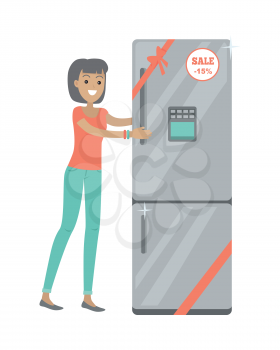 Discounts in electronics store concept. Smiling woman standing with refrigerator bought on sale flat vector illustration on white background. Shopping on appliances sellout. For shop promotions ad