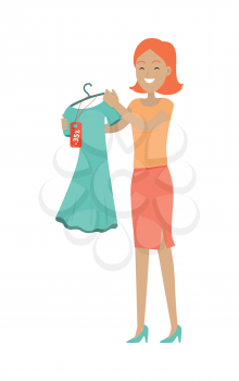 Discounts in clothing store concept. Smiling woman standing with dress bought on sale flat vector illustration isolated on white background. Shopping on holiday sellout. For shop promotions ad