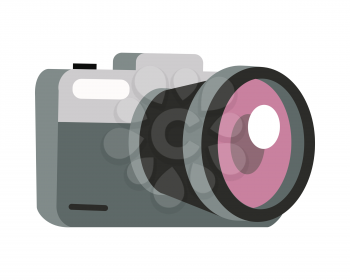 Photo camera icon. Compact digital mirrorless photo camera with lens flat vector illustration isolated on white background. Modern electronics device for photography. For store ad, logo, web design