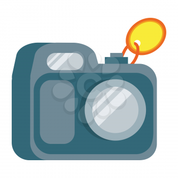 Camera icon with tag. Traditional home appliance for photo flat vector illustration isolated on white background. Best choice, best price, bestseller signs. For store sale and discount promo