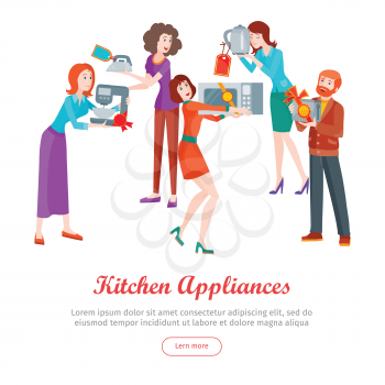 Kitchen appliances. Set of people on store sale. Flat design vector. Man and woman happy characters holding different goods with sale stickers. Home technic, electronic devices, household shopping