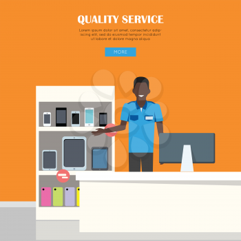 Quality service concept. Smiling man in blue shirt standing behind counter of store. People shopping, marketing people, customer in mall, retail store illustration. People in supermarket interior.