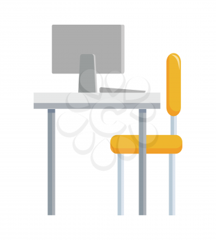 Typical working place isolated on white. Table, chair and computer monitor from back view. Strategic management concept. Minimalist accurate design of working place in office. Vector illustration