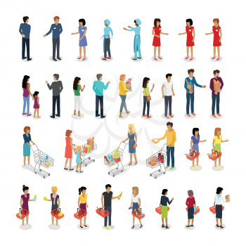 People in supermarket. Set of customers and sellers characters vector. Flat style design. Man and woman making purchases, sell goods. Supermarket personnel, consumer choice, shopping in mall concept.